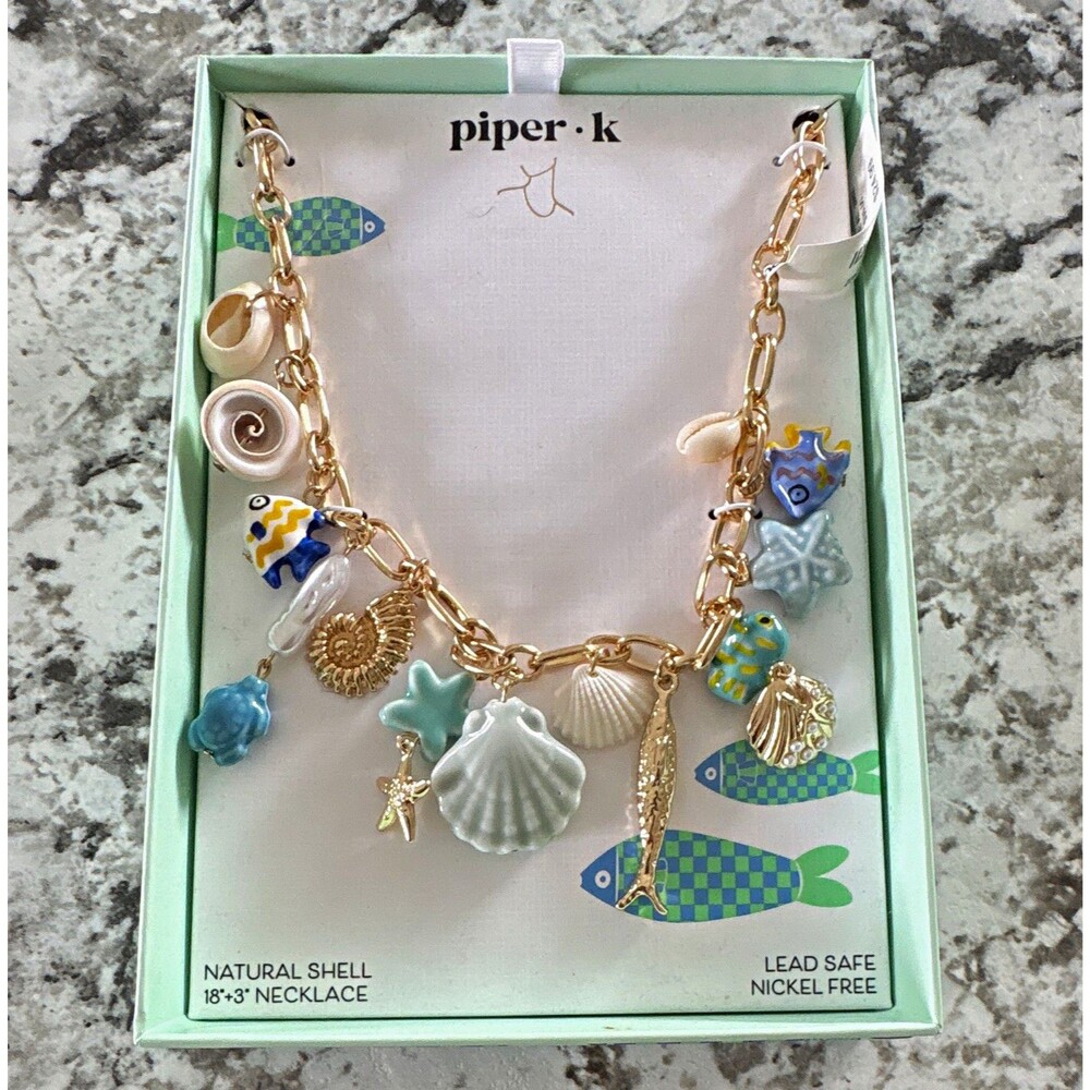 piper·k Natural Shell Charm Chain Necklace 18+3" Nickel-Free Oval Link Beach